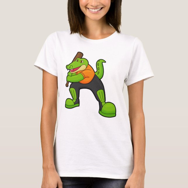 Crocodile at Cricket with Cricket bat T-Shirt (Front)