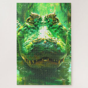 Crocodile Face Striking Green Jungle Portrait Jigsaw Puzzle