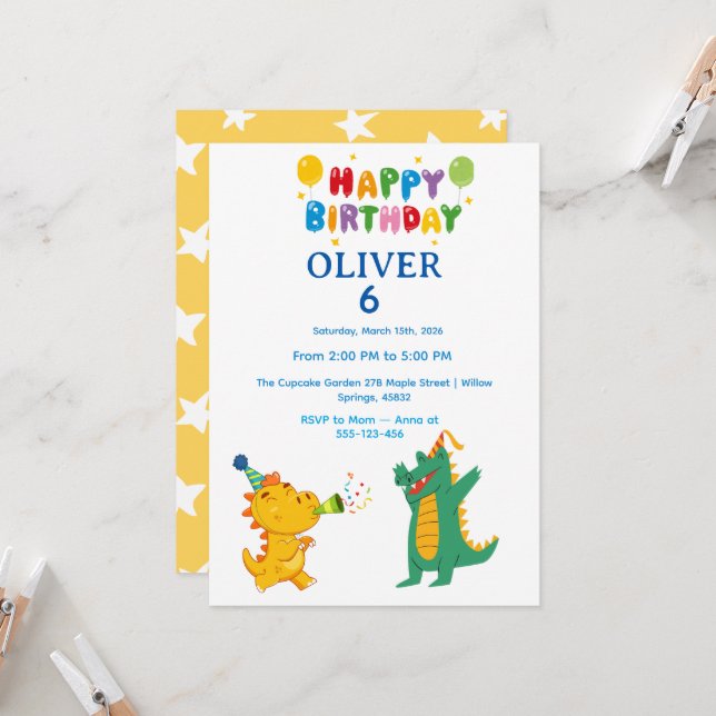 Crocodile & Hippo Birthday Invitation  (Front/Back In Situ)