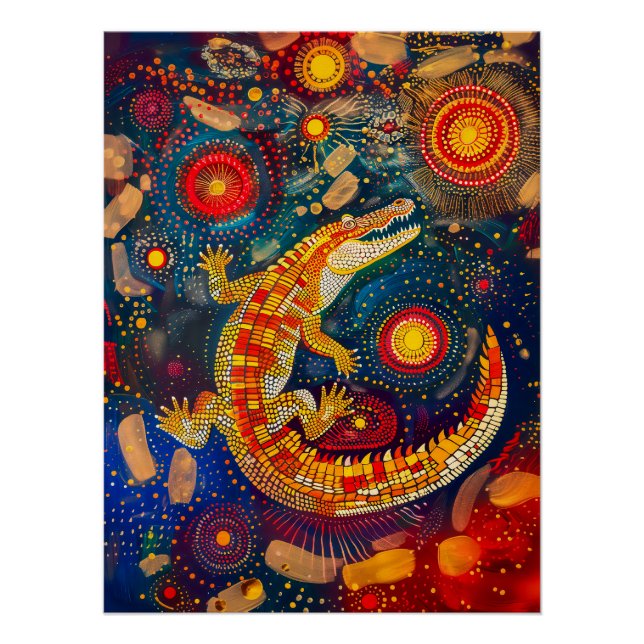 Crocodile in Aborigine Dot Art Style Poster (Front)