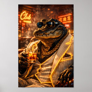 Crocodile Mobster in Neon Pinstripe Suit Poster