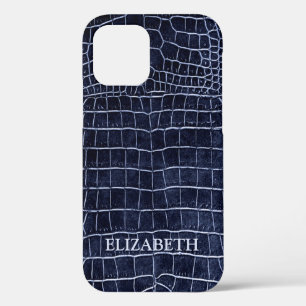 Crocodile Navy Faux Leather Personalised Name iPhone 12 Case