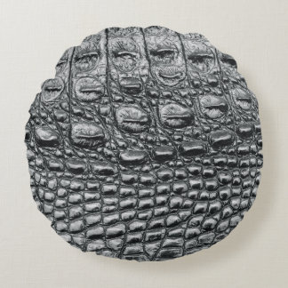 Crocodile Noir: Black Leather Mystique Round Cushion