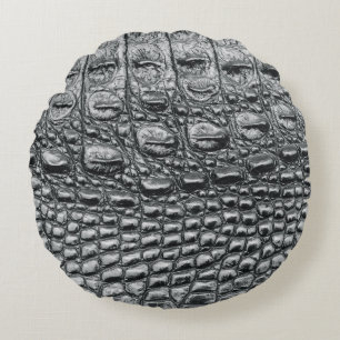 Crocodile Noir: Black Leather Mystique Round Cushion