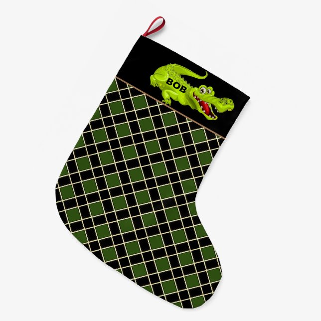 Crocodile on Black & Green Diamond Pattern Large Christmas Stocking (Front (Hanging))