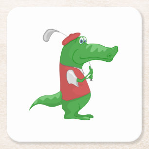 Crocodile playing golf cartoon square paper coaster