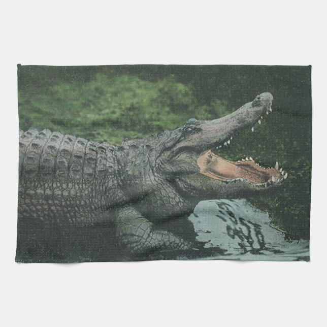 Crocodile Reptiles, Vintage Marine Animal Life Tea Towel (Horizontal)