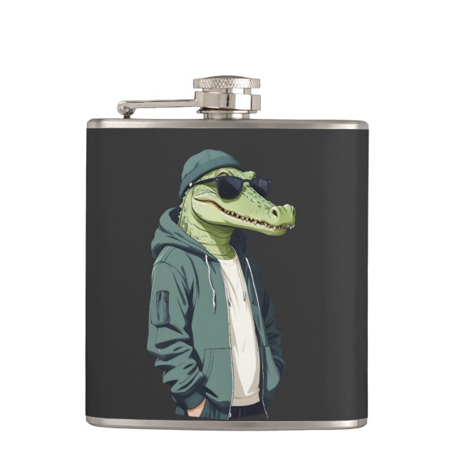 Crocodile Wearing Hoodie Funny Cool Animal Vector Hip Flask (Front)