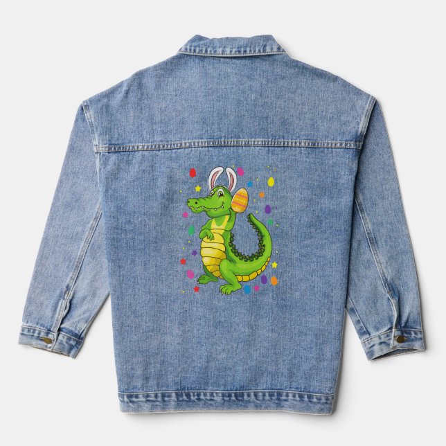 Crocodile With Bunny Ears Funny Egg Hunting Easter Denim Jacket (Back)
