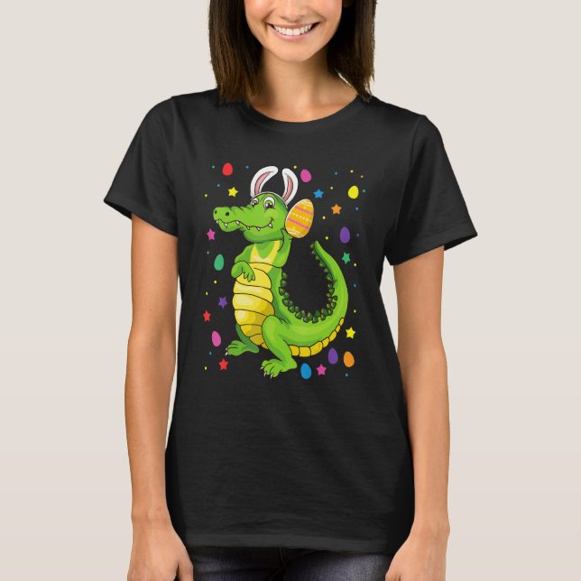 Crocodile With Bunny Ears Funny Egg Hunting Easter T-Shirt (Front)