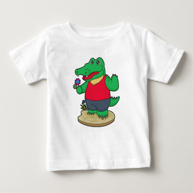 Crocodile with Flowers Baby T-Shirt (Front)