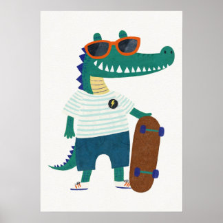 Crocodile with Skateboard and Sunglasses Poster