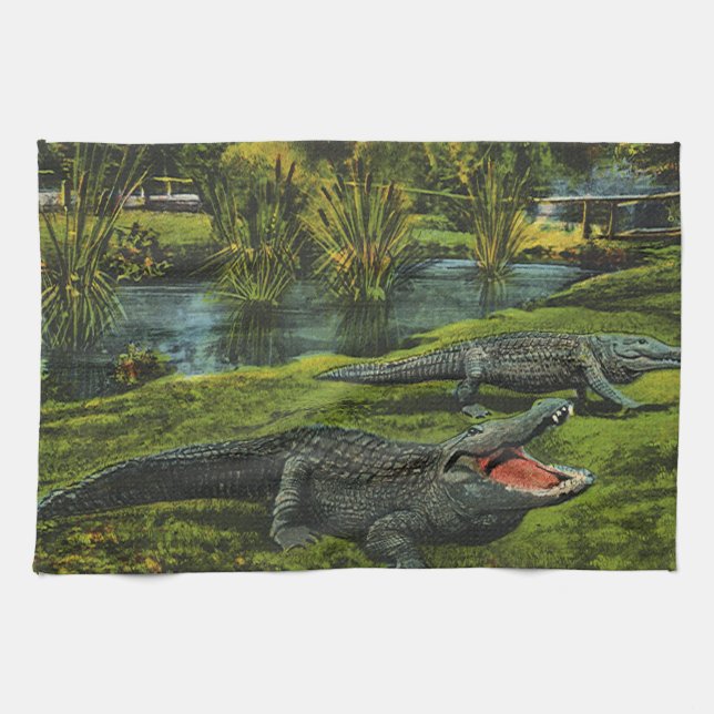 Crocodiles, Vintage Marine Life Reptiles Animals Tea Towel (Horizontal)