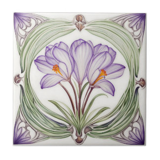 Crocus on Symmetric Art Nouveau ceramic tile