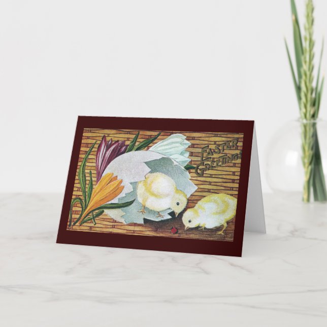 Crocuses, Chicks and Ladybug Vintage Easter Holiday Card (Front)