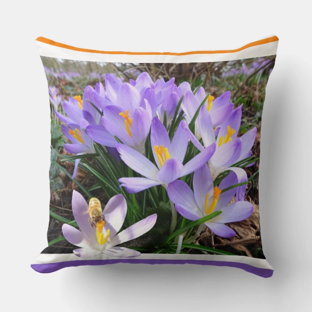 Crocusses with Bee Throw Pillow (Front)
