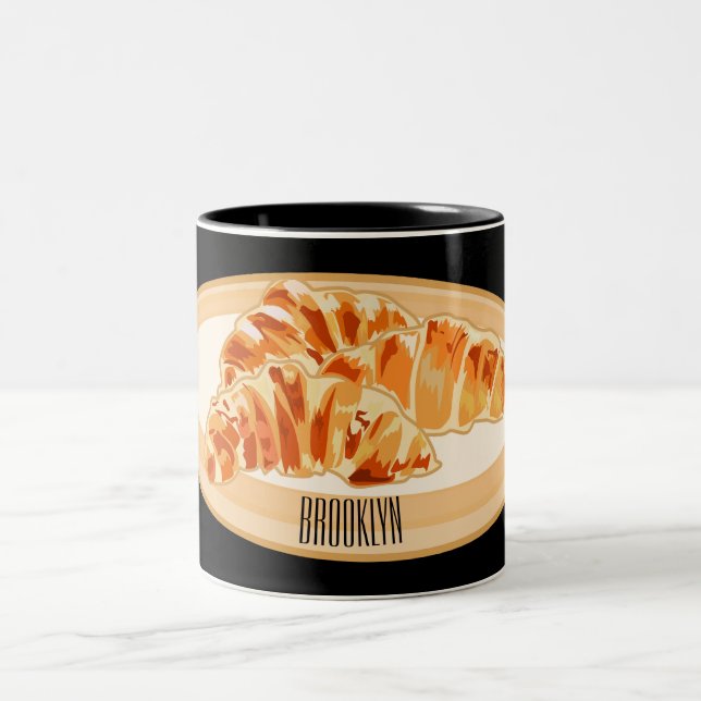 Croissant cartoon illustration  Two-Tone coffee mug (Center)