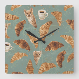 Croissant Crawl Cats, Coffee & French Bakery Chaos Square Wall Clock