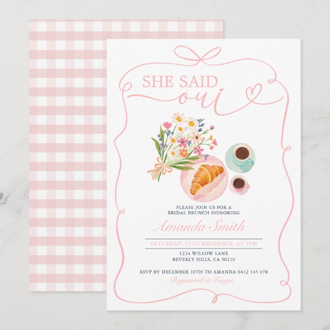 Croissant She said Oui Bridal Brunch Cafe  Invitation (Front/Back)
