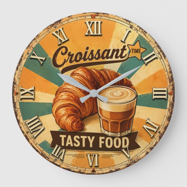 Croissant Time Vintage Kitchen Large Clock (Front)