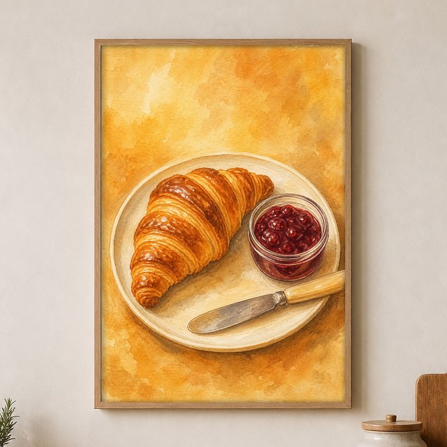 Croissant with Jam Pot Watercolour Poster (Shown framed for scale. Poster ships unframed; frames are an optional add-on.)