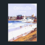 Cronulla Sydney beach suburb travel Postcard<br><div class="desc">Travel print of Sydney beachside suburb of Cronulla - a beautiful beach town in an arty modern colourful style of travel art print. Blue sky and people swimming on a hot Summer's day in the city of Sydney,  Australia.</div>