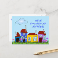 Crooked Houses and Flowers "We've Moved" Postcard