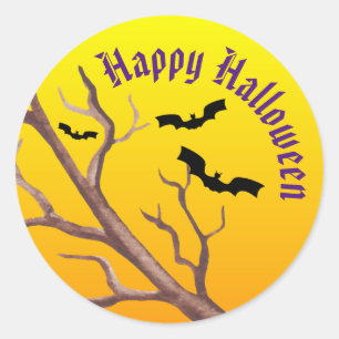 Crooked Tree Branch, Bats And A Full Moon Classic Round Sticker