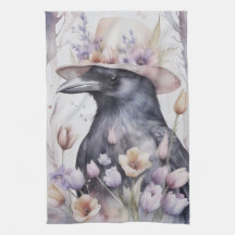 Crop Rabe Crow with hat and flowers Watercolor