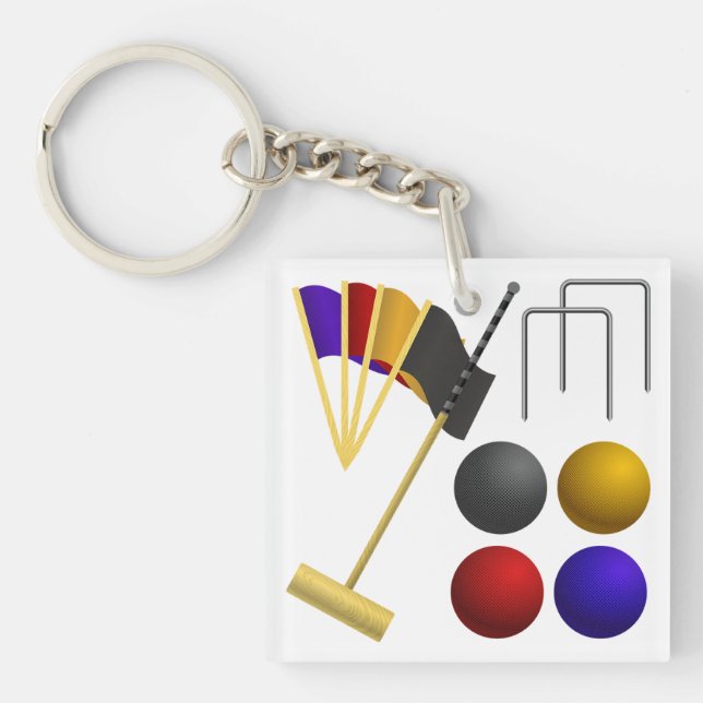 Croquet Equipment Set Mallet Balls Hoops Key Ring (Front)