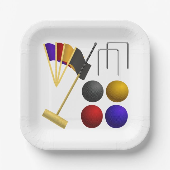 Croquet Equipment Set Mallet Balls Hoops Paper Plate (Front)