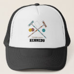 Croquet Set, Lawn Games Graphic Personalised Trucker Hat<br><div class="desc">Keep the sun out of your eyes the next time you're playing a game of croquet with this personalised hat. It features illustrations of croquet set piece like croquet mallets and balls with a spot to add a name or other text in bold black lettering below the graphic.</div>