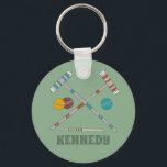 Croquet Set Lawn Games Jade Green Key Ring<br><div class="desc">Create a small personalised gift that's perfect for someone who loves to play croquet. This keychain features illustrations of equipment from a croquet set like croquet mallets and balls set against a jade green background. It's ready to be personalised with a name below the graphic in darker green lettering.</div>