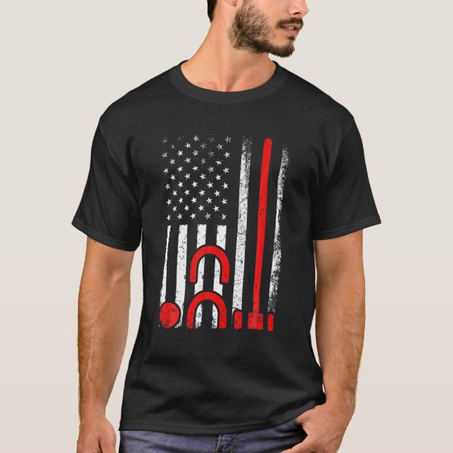 Croquet Set Lover Retro American Flag Croquet 4Th T-Shirt (Front)