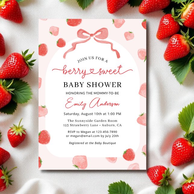Croquette Bow Strawberry Berry Sweet Baby Shower Invitation (Creator Uploaded)
