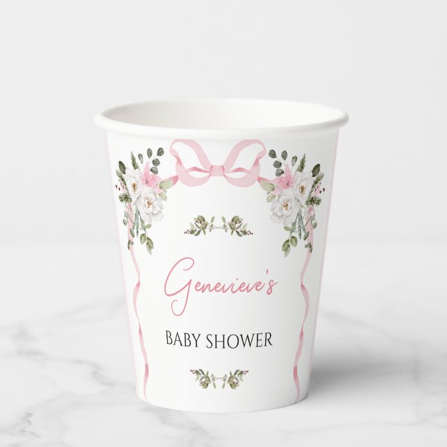 Croquette Pink Bow Floral Baby Shower  Paper Cups (Front)