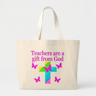 CROSS AND BUTTERFLY TEACHERS BLESSING DESIGN LARGE TOTE BAG
