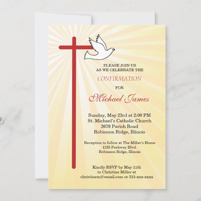 Cross and Dove Gold Rays Male Confirmation Invitation (Front)