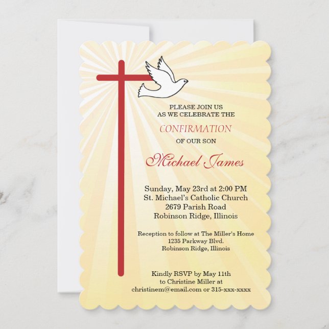 Cross and Dove Scallop Gold Rays Son Confirmation Invitation (Front)