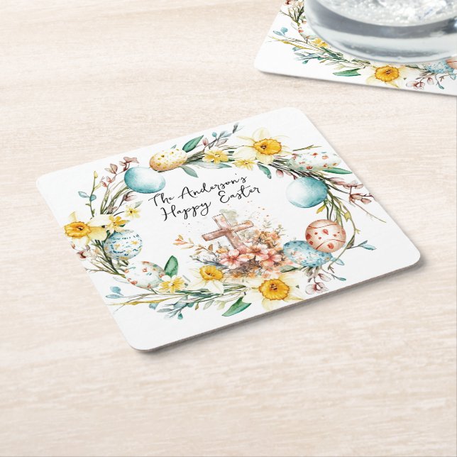 Cross and floral Easter Square Paper Coaster (Angled)