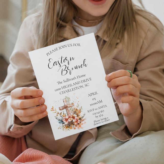 Cross and flowers floral Easter Brunch Invitation (Creator Uploaded)
