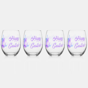 Cross and Flowers Happy Easter Stemless Wine Glass
