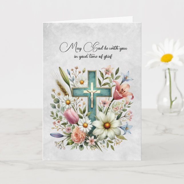 Cross and Flowers Sympathy Card (Small Plant)