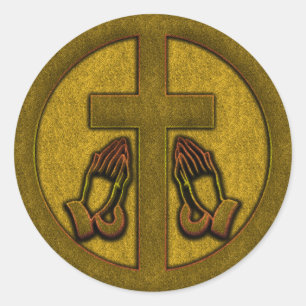 CROSS AND PRAYING HANDS CLASSIC ROUND STICKER