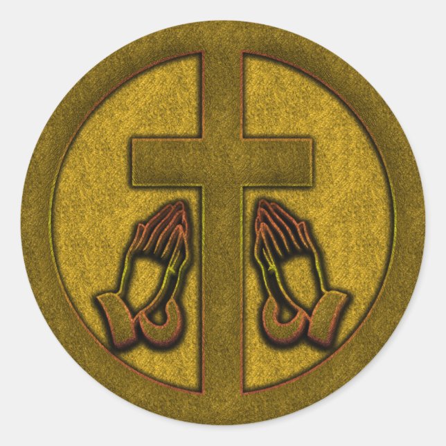 CROSS AND PRAYING HANDS CLASSIC ROUND STICKER (Front)