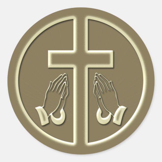 CROSS AND PRAYING HANDS CLASSIC ROUND STICKER (Front)