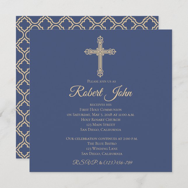 Cross and Quatrefoil First Communion Invitation (Front/Back)