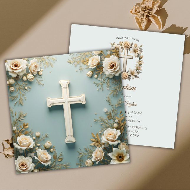 Cross and White Roses Catholic Baptism Christening Invitation (Cross and White Roses Catholic Baptism Christening Invitation)