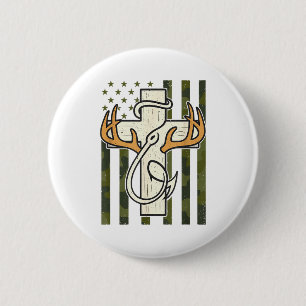 Cross Antlers Fishing Hook Camo Flag Christian Hun 6 Cm Round Badge