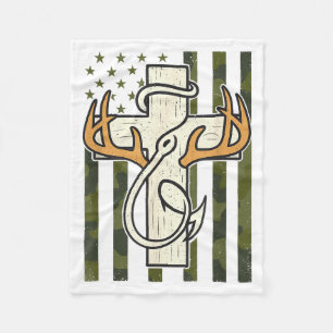 Cross Antlers Fishing Hook Camo Flag Christian Hun Fleece Blanket